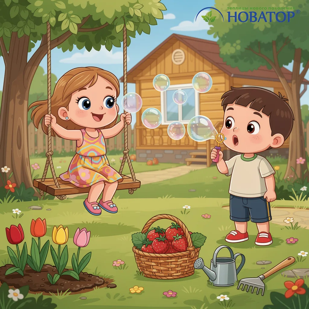 👦 1 июня: День защиты детей — и старт дачного детства!

Клубника с грядки, качели между деревьями, 