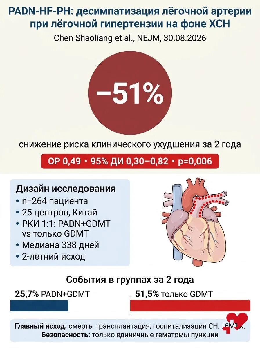 Лёгочная десимпатизация при лёгочной гипертензии: −51% клинического ухудшения за 2 года.