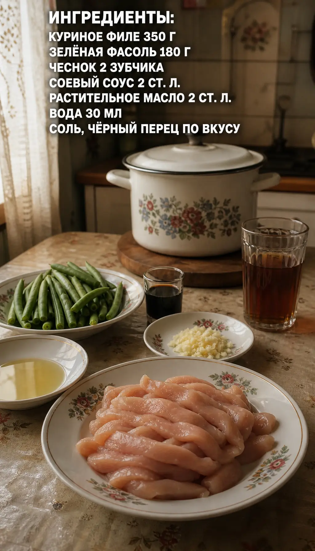 Курица с зелёной фасолью
простое блюдо из обычных продуктов

Ингредиенты:
куриное филе — 350 г
зелён