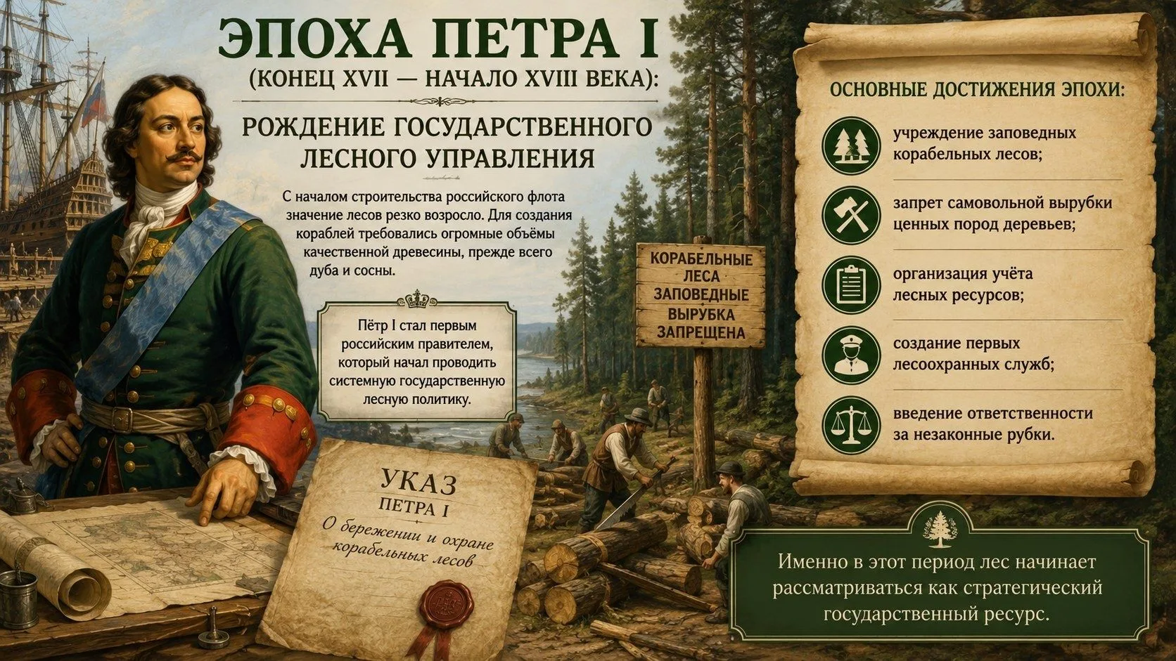История лесного хозяйства России

Часть 2. Пётр I и корабельные леса

Конец XVII — начало XVIII века