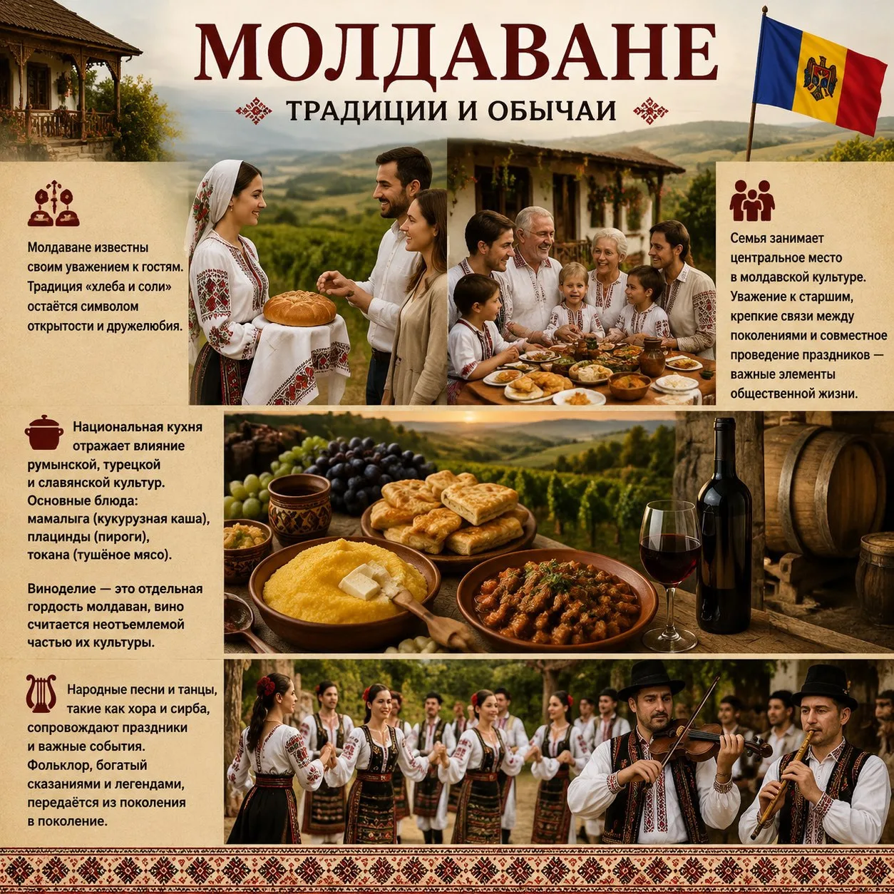 МОЛДАВАНЕ // ТРАДИЦИИ И ОБЫЧАИ

Молдаване известны своим уважением к гостям. Традиция «хлеба и соли»