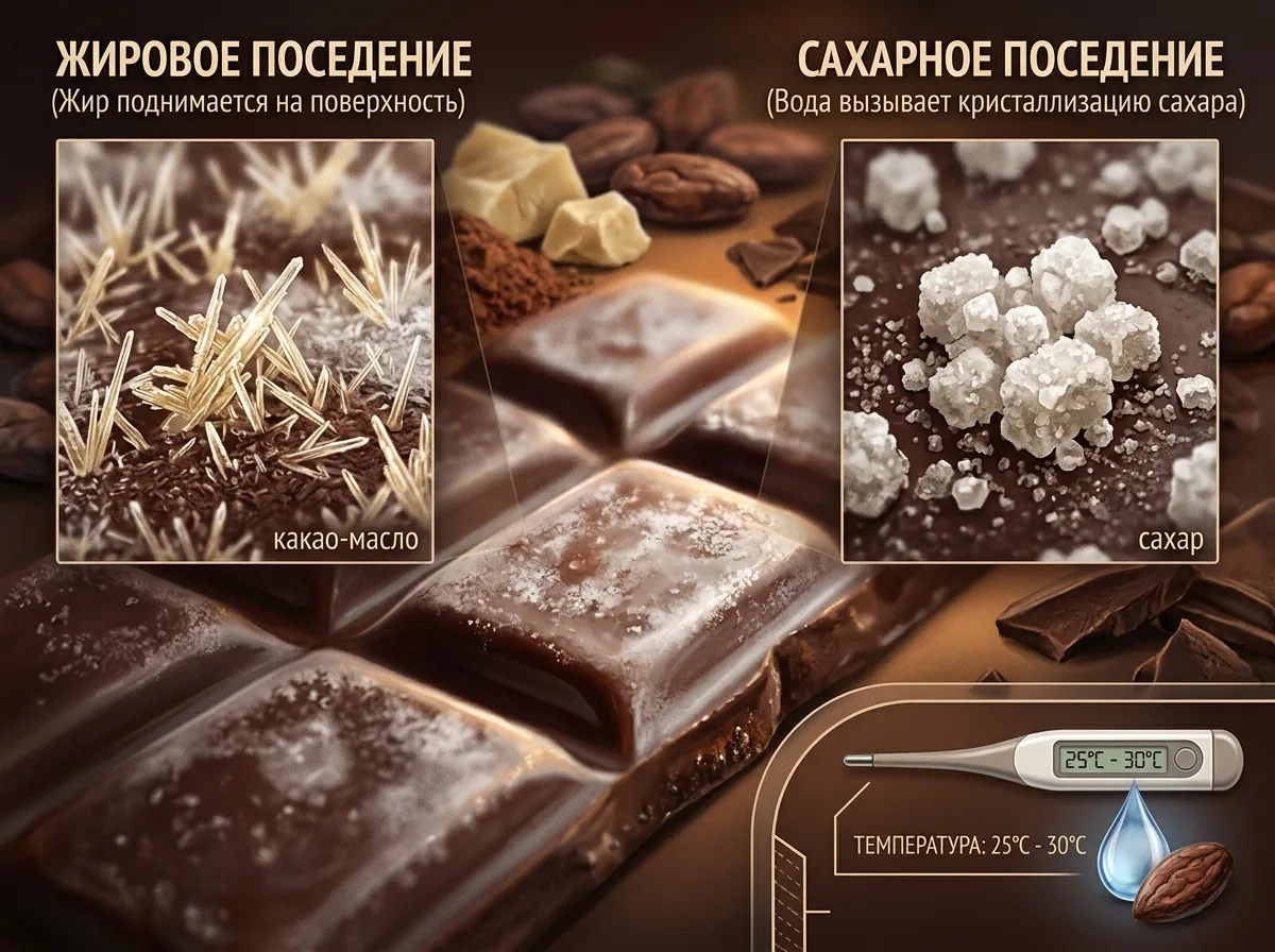 Белый налет на шоколаде: Почему любимая сладость «седеет» и стоит ли её выбрасывать 🍫⚪✨