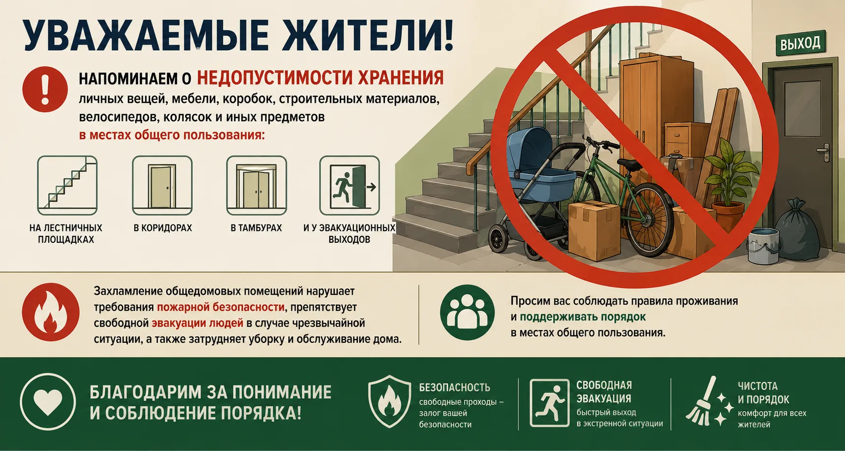 Уважаемые жители!  Напоминаем о недопустимости хранения личных вещей, мебели, коробок, строительных 