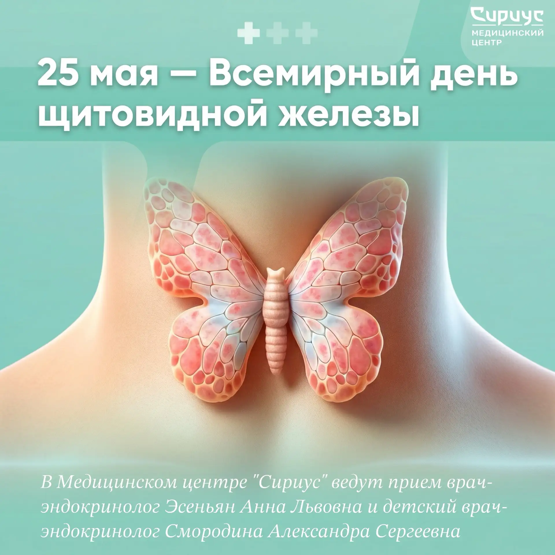 25 мая — Всемирный день щитовидной железы

Знаете, какой орган похож на бабочку? Щитовидная железа. 