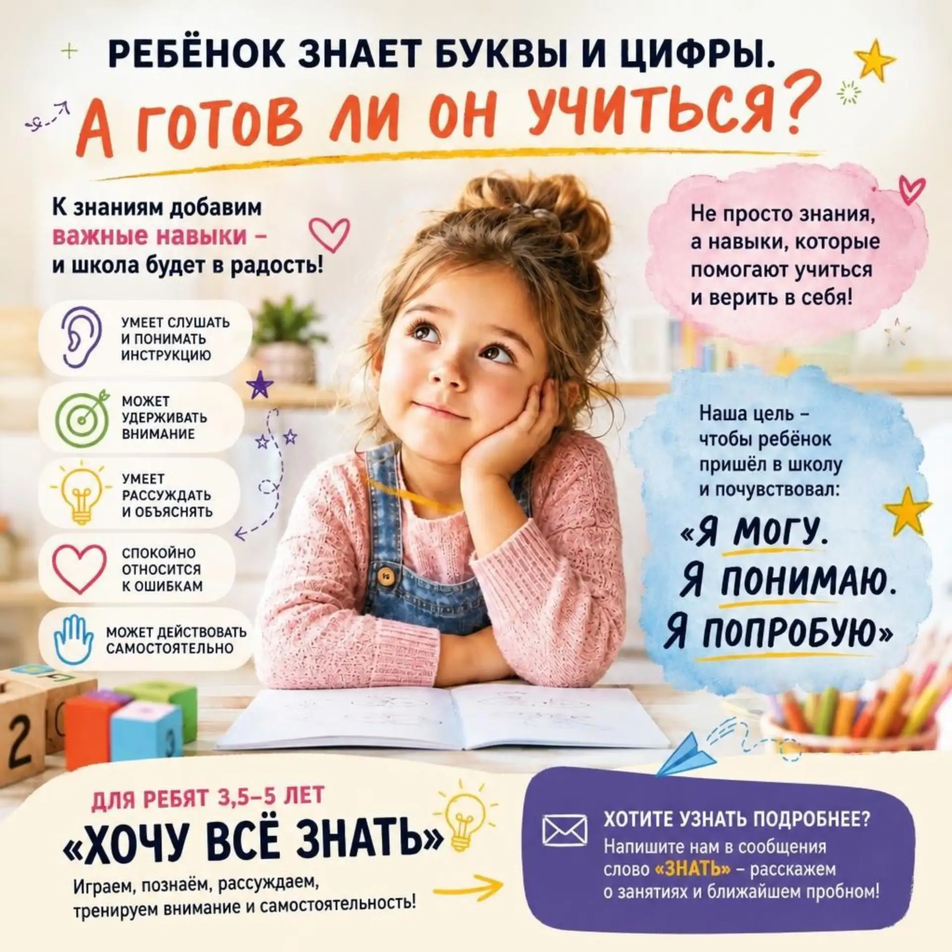 🧠 Ребёнок знает буквы и цифры. А готов ли он учиться?