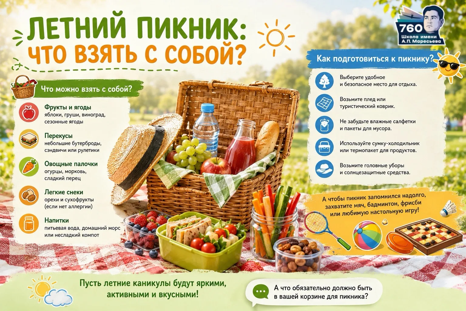 🧺☀️ Летний пикник: что взять с собой?

Лето — отличное время для прогулок и пикников на свежем возд