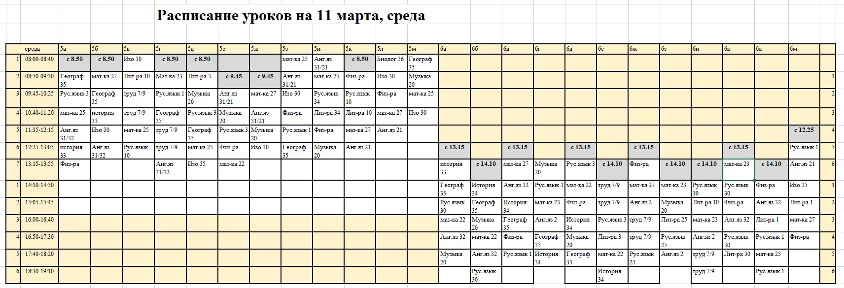Расписание на 11 марта (среда).