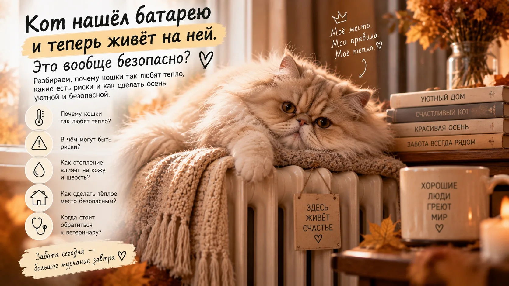 Кот нашёл батарею и теперь живёт на ней. Это вообще безопасно? 🐈🔥