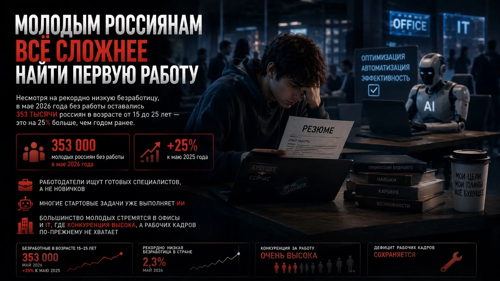 👨‍💼 Молодым россиянам всё сложнее найти первую работу

Несмотря на рекордно низкую безработицу, в 