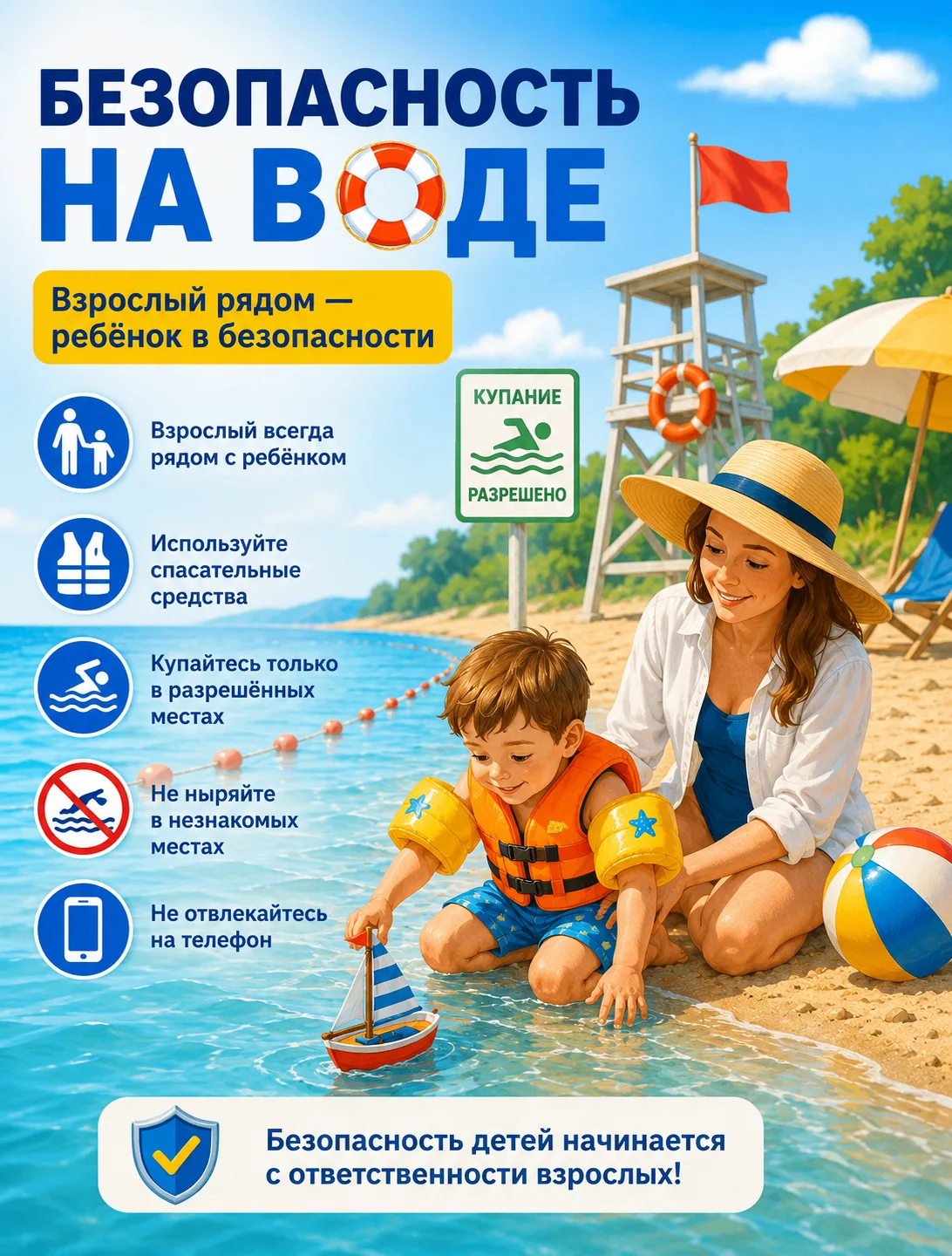 🌊 БЕЗОПАСНОСТЬ НА ВОДЕ ☀️Лето — время отдыха, игр и купания. Чтобы эти моменты приносили только рад
