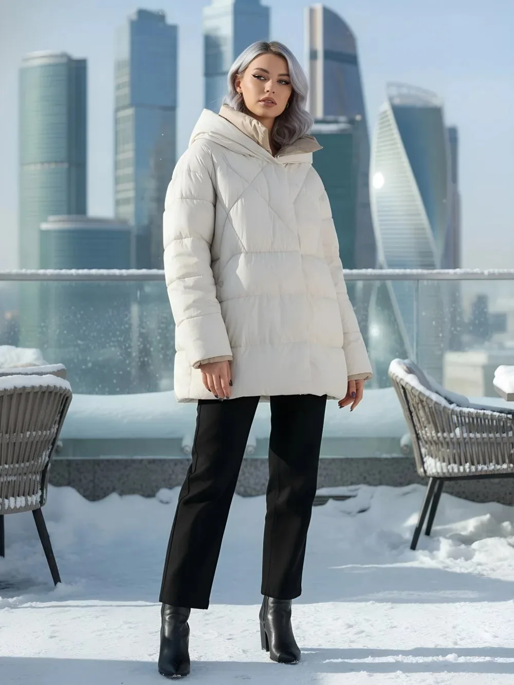 🛍️ Куртка женская зимняя с капюшоном большого размера бежевого цвета 1170B