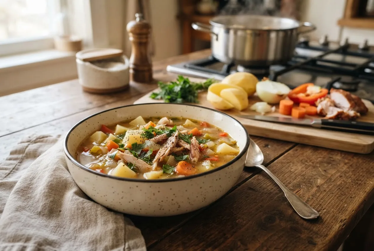 Рецепт супа из картофеля с овощами и копченой курицей