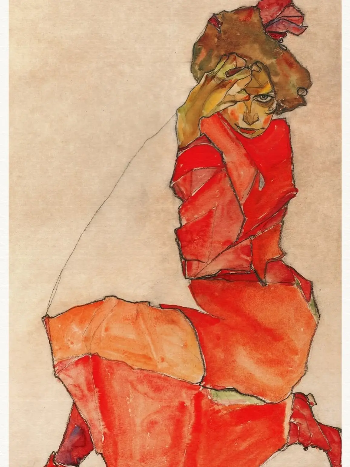 «Женщина, стоящая на коленях, в оранжево-красном платье» (1910 г.) работы знаменитого а...