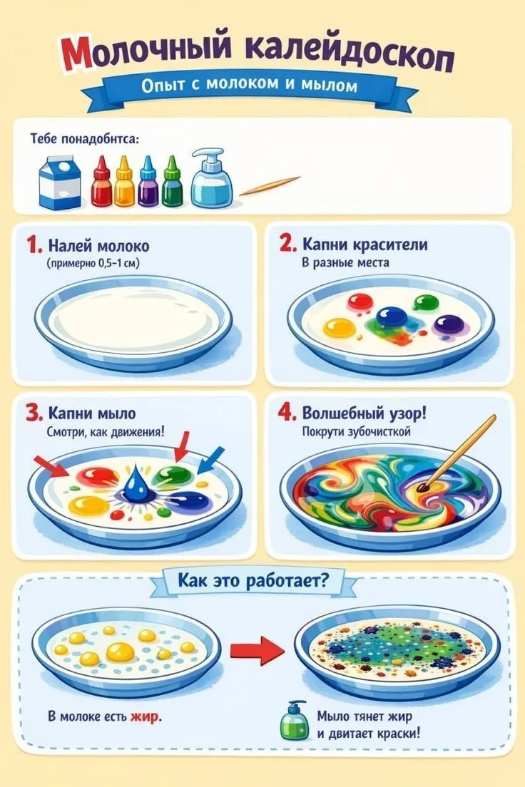 Опыт с молоком и красками — увлекательный эксперимент, который позволяет наблюдать за причудливыми у