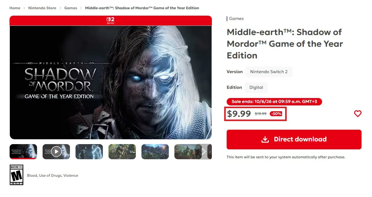 На Switch 2 вышли Middle-earth: Shadow of Mordor Game of the Year Edition и Middle-eart...