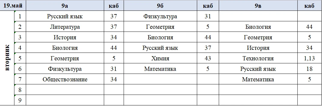 Изменения в расписании на вторник, 19 мая. ✅ В 47 кабинет идут девочки 8 классов и 9в.