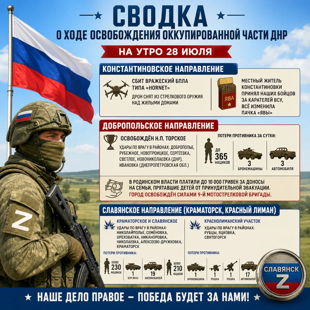 💪 #Сводка о ходе освобождения оккупированной части ДНР на утро 28 июля