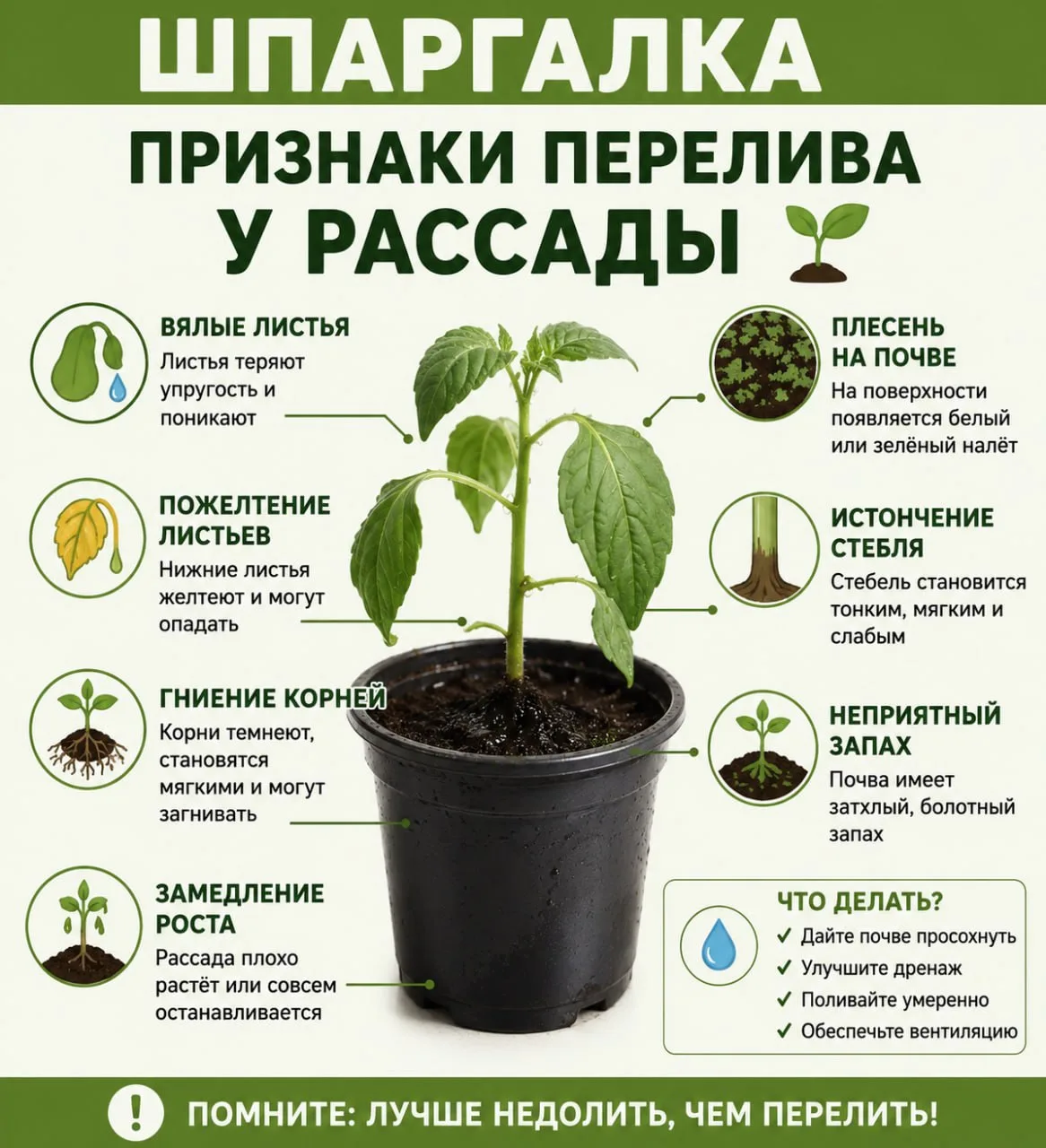 🌱 Признаки перелива у рассады