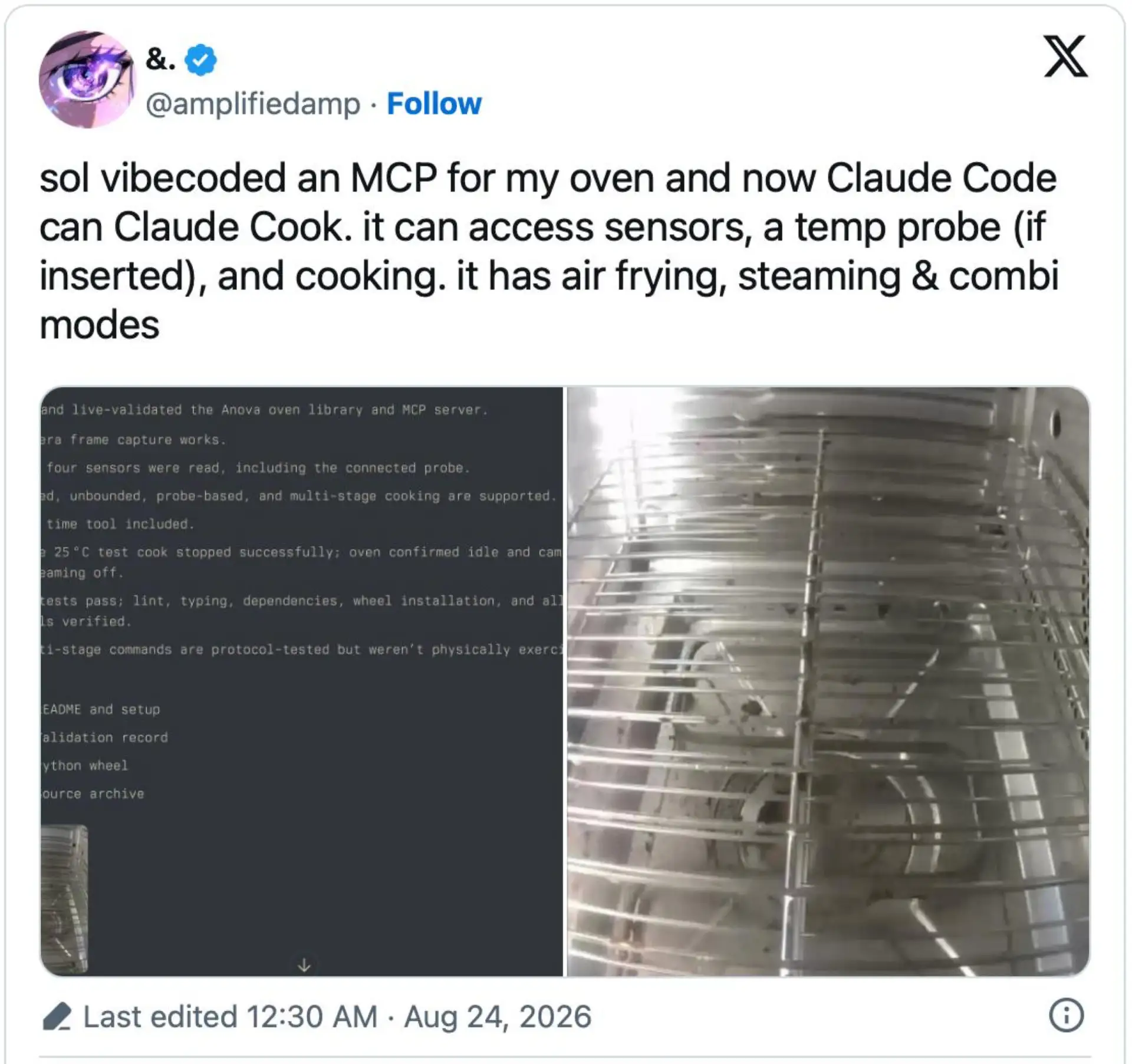 Парень настолько не хотел вставать с кресла, что подключил Claude Code к духовке