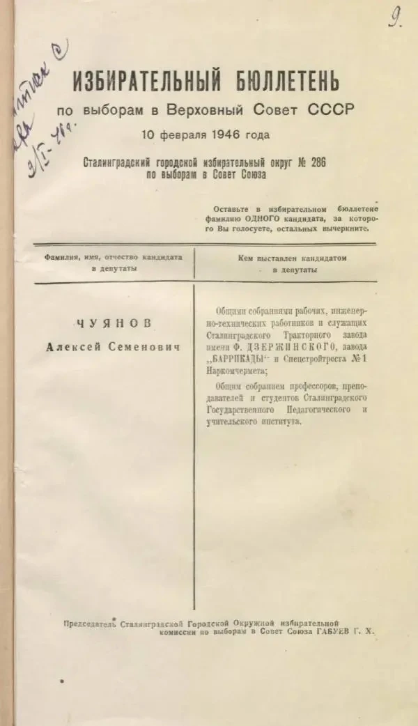 Избирательная бюллетень при Сталине. 1946 год. 1 кандидат