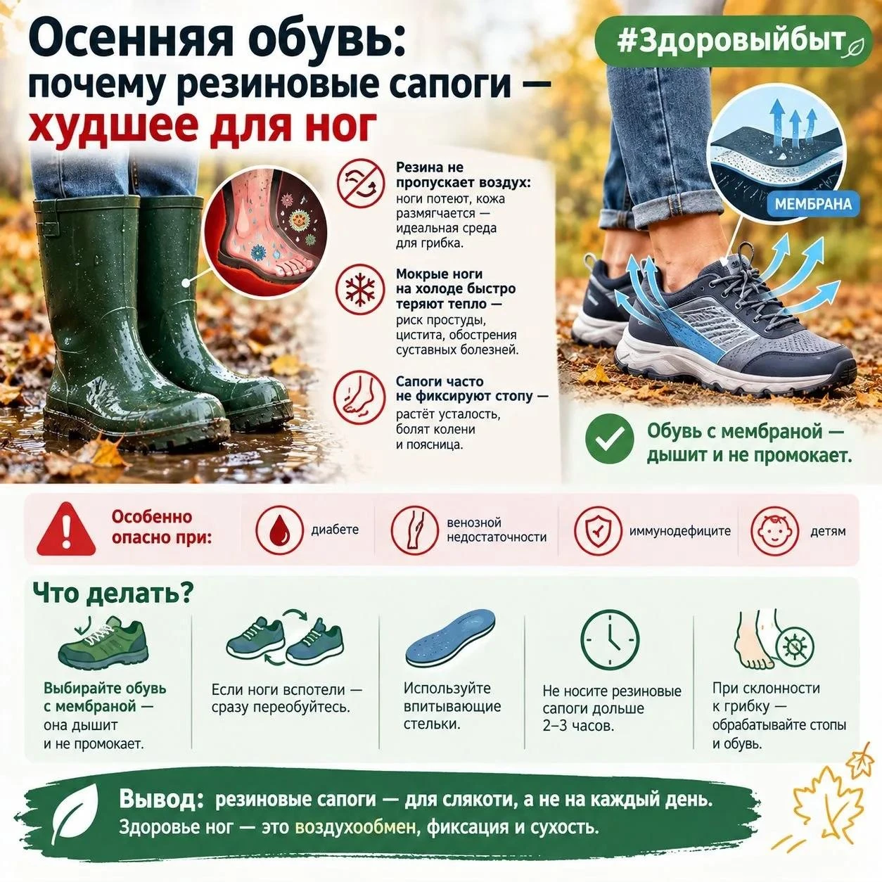 🥾 Осенняя обувь: почему резиновые сапоги — худшее для ног