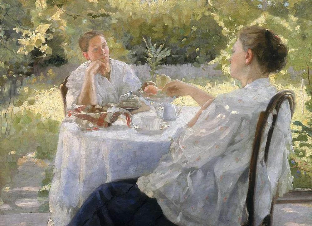 В саду. Чаепитие, 1911, 85x111
Лукиан Попов (1873-1914)
МИИ, Оренбург

Поздний передвижник, ученик М