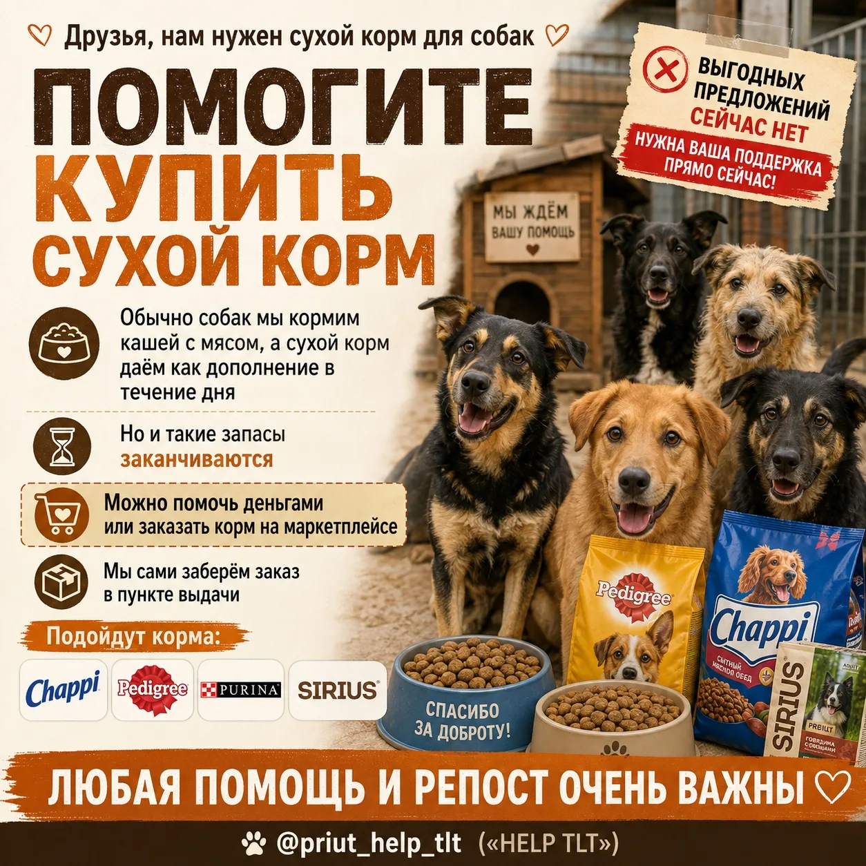 🐾 Друзья, приюту «HELP TLT» нужна помощь с покупкой сухого корма для собак. 🐶