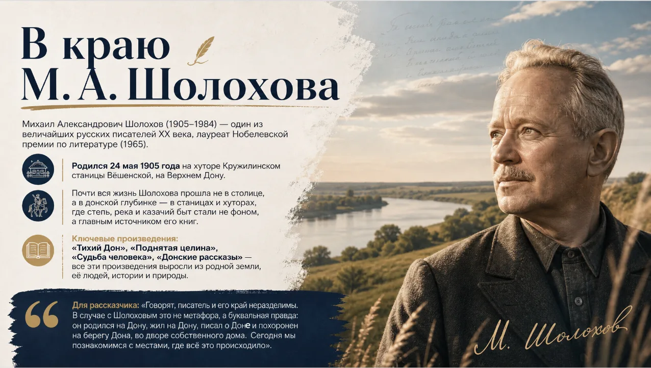 МКУ "ЦКД ст. Чамлыкской" 07.09.2026г. Слайд информация «В краю М.А. Шолохова». Михаил А...