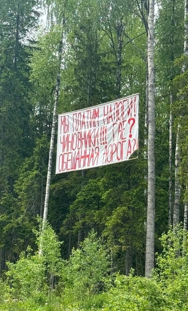 Жители Петрозаводска вывесили баннер с требованием отремонтировать дорогу.