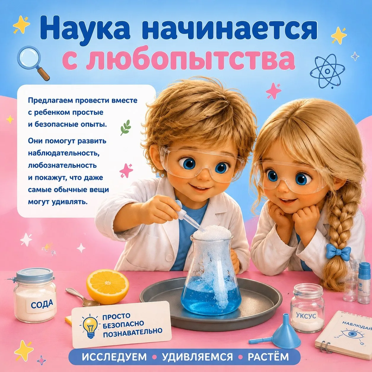 Наука начинается с любопытства

Предлагаем провести вместе с ребенком простые и безопасные опыты. Он