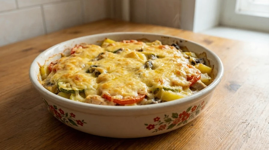 Идея вкусного и полезного ужина — Сытная, сочная запеканка с курицей, картофелем, кабачком и грибами