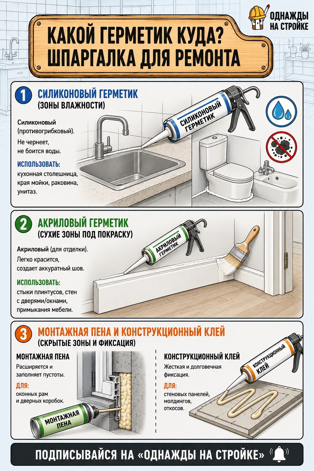 🛠️ Какой герметик куда? Полная шпаргалка для ремонта

Привет, друзья! На связи «Однажды на Стройке»