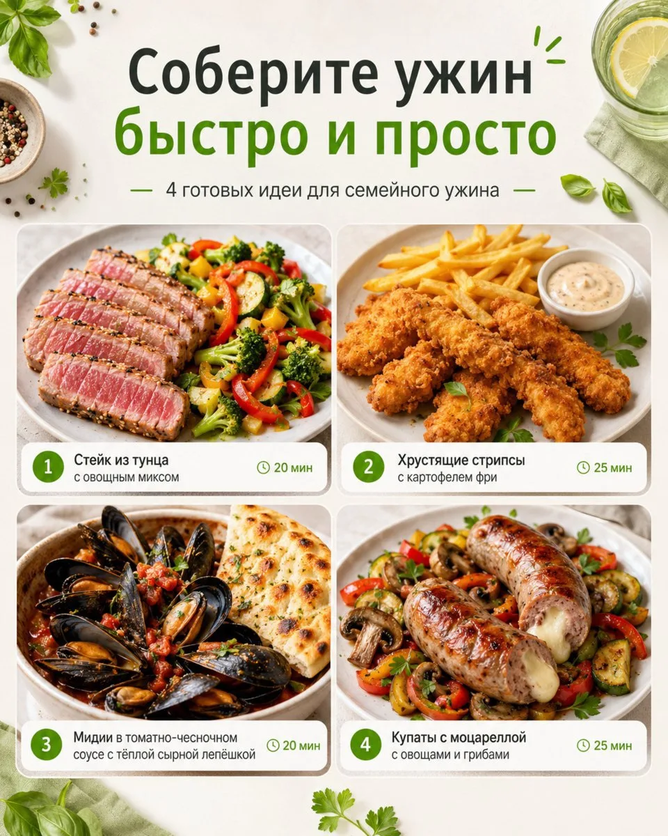 🍽️ Соберите ужин быстро и просто: 4 готовых сочетания