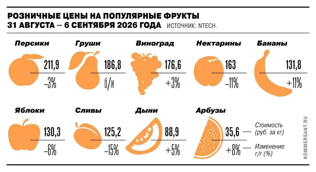 Розничные цены на сезонные фрукты в России снижаются: сливы в начале сентября подешевел...