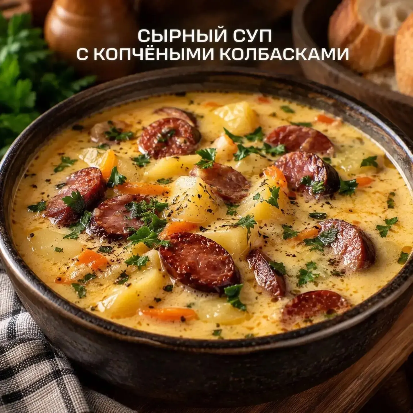 СЫРНЫЙ СУП С КОПЧЁНЫМИ КОЛБАСКАМИ