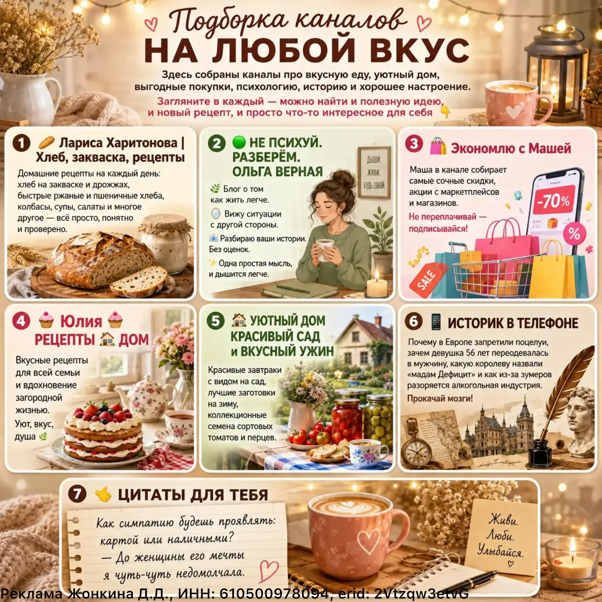 ✨ Здесь собраны каналы про вкусную еду, уютный дом, выгодные покупки, психологию, истор...
