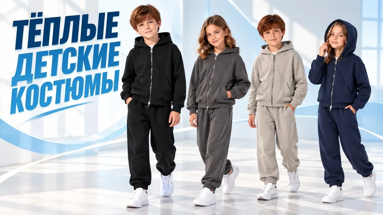 🧒 Тёплые детские костюмы — худи на молнии и свободные брюки в четырёх спокойных цветах.