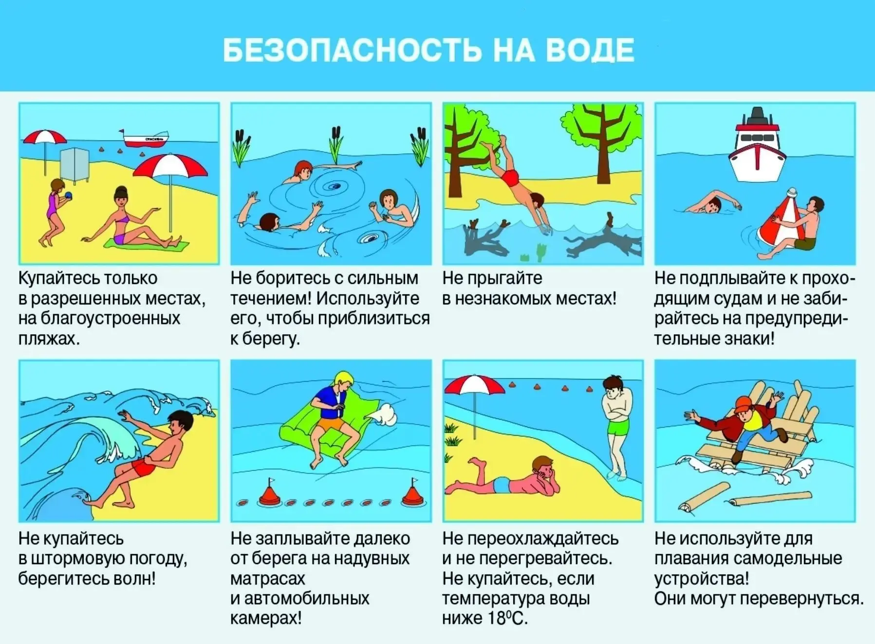 Как не утонуть самому и ребенку
Для взрослого:

Ни капли алкоголя. Даже бокал пива — риск.

Не ныряй