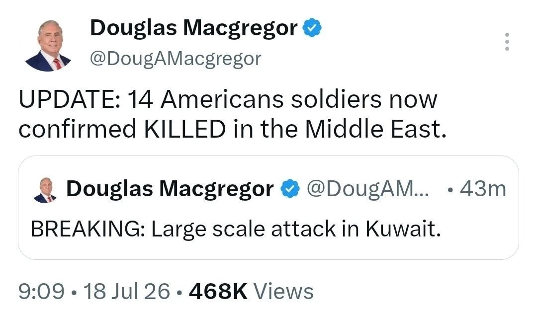 Дуглас МакГрегор сообщил, что в ходе иранских ударов у армии США 14 200х. Кучно пошло.