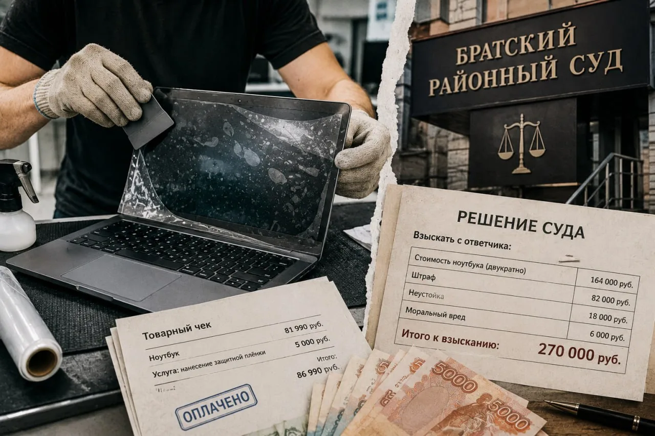 В Иркутской области мастер по наклейке пленок выплатит 270 тысяч рублей за залитый ноутбук.

Братски
