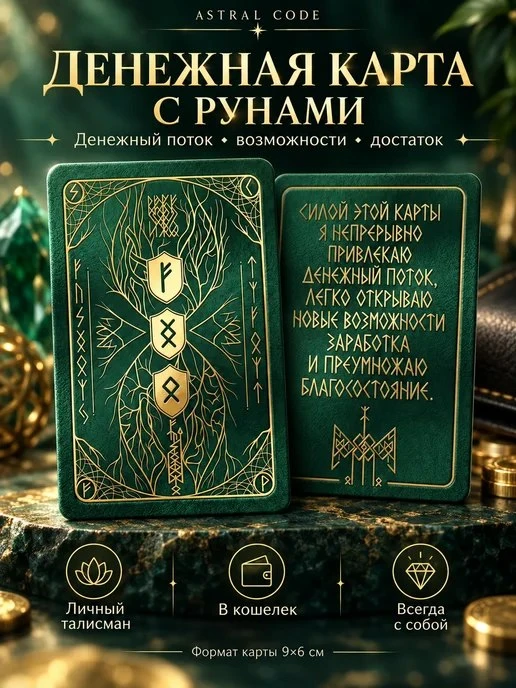 Карта\-оберег денежная с рунами, талисман в кошелек