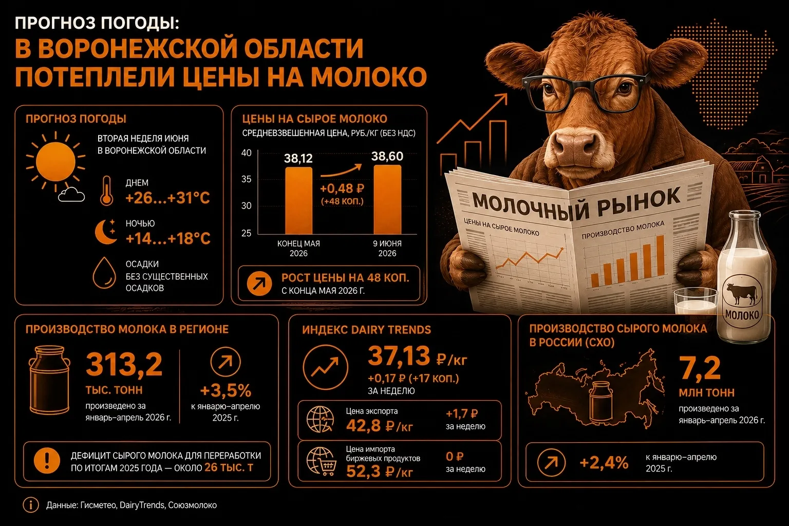Прогноз погоды: в Воронежской области потеплели цены на молоко
