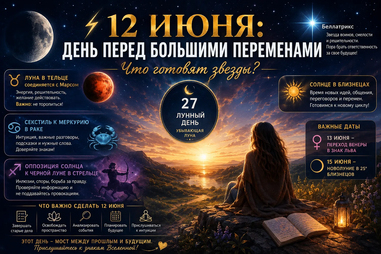 ⚡🌙 12 ИЮНЯ: ДЕНЬ ПЕРЕД БОЛЬШИМИ ПЕРЕМЕНАМИ. ЧТО ГОТОВЯТ ЗВЕЗДЫ?
12 июня проходит под влиянием 27-го