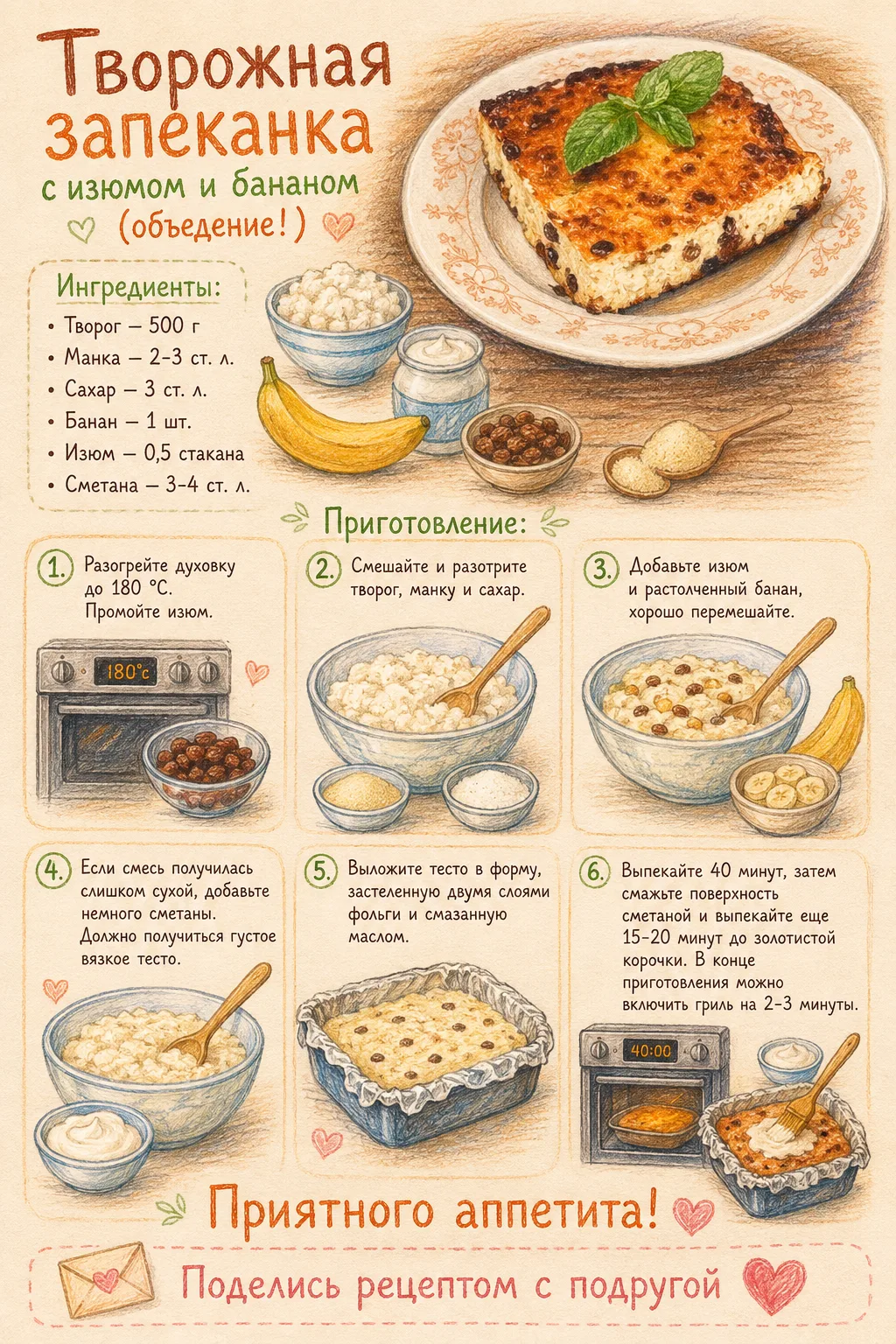 👨‍🍳 ТВОРОЖНАЯ ЗАПЕКАНКА С ИЗЮМОМ И БАНАНОМ