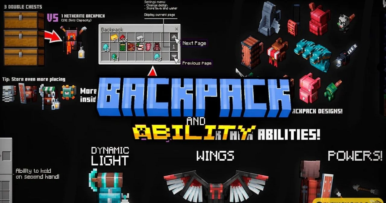 Аддон Backpacks & Ability

Аддон добавляет вместительные рюкзаки с уникальными возможностями в Minec