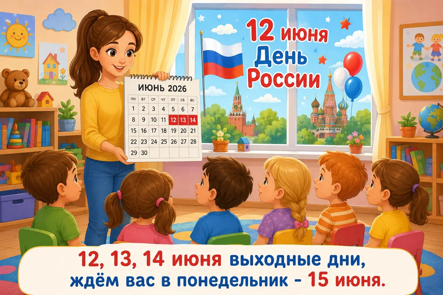 Дорогие друзья! ☀️ 

Обращаем ваше внимание на режим работы нашего детского сада: 12, 13 и 14 июня в