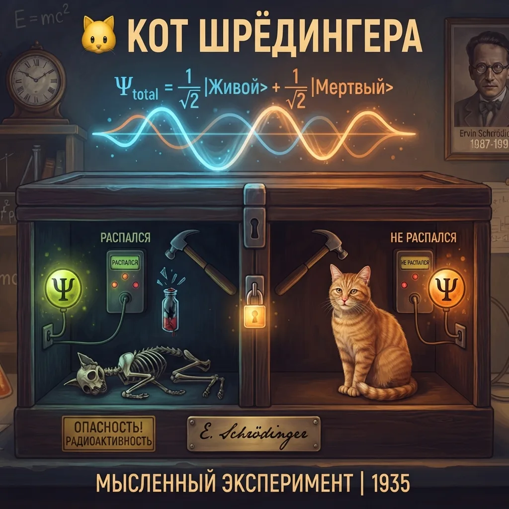 🐱 КОТ ШРЁДИНГЕРА: ГЛАВНЫЙ МЫСЛЕННЫЙ ЭКСПЕРИМЕНТ В ИСТОРИИ

В 1935 году физик Эрвин Шрёдингер придум