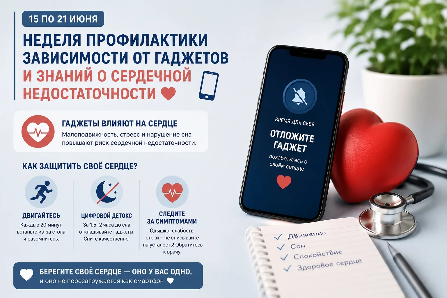 С 15 по 21 июня — Неделя профилактики зависимости от гаджетов и знаний о сердечной недостаточности ❤
