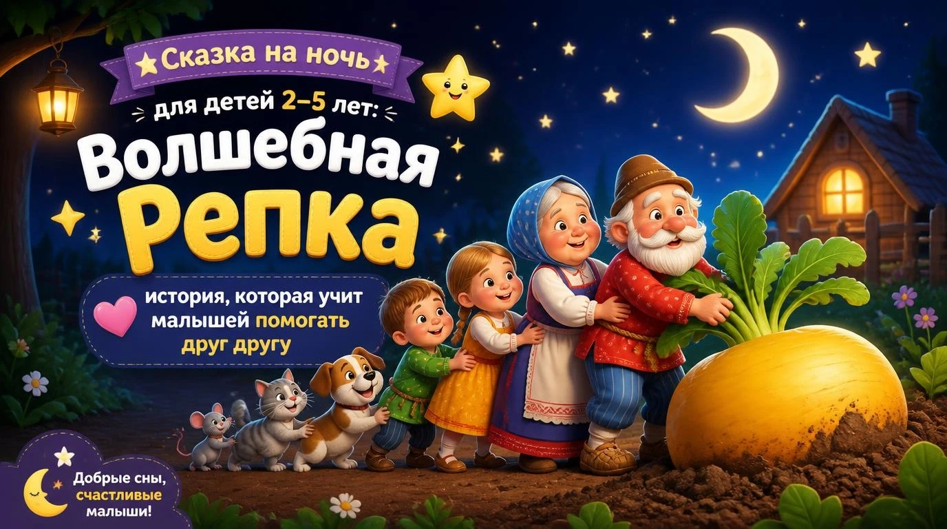 Сказка на ночь для детей 2–5 лет: Волшебная Репка — история, которая учит малышей помог...