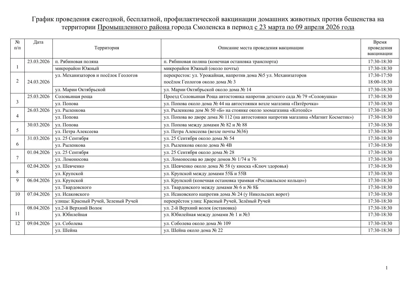 График проведения ежегодной бесплатной профилактической вакцинации домашних животных пр...